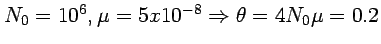 $N_0 = 10^6, \mu = 5 x 10^{-8} \Rightarrow \theta = 4 N_0 \mu = 0.2$