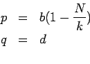 \begin{eqnarray*}
p & = & b ( 1 - \frac{N}{k}) \\
q & = & d \\
\end{eqnarray*}