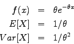 \begin{eqnarray*}
f(x) &=& \theta e ^ {- \theta x} \\
E[X] &=& 1/\theta \\
Var[X] &=& 1/\theta^2
\end{eqnarray*}
